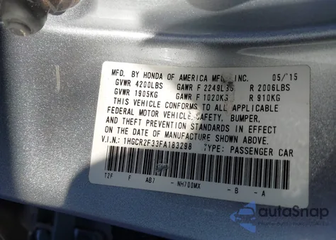 2015 Honda Accord Lx из США, поврежденный, VIN 1HGCR2F33FA183298